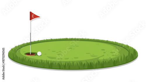 A cartoon illustration of a golf putting green with a flagstick, a red flag, a hole, and a white golf ball on the grass.