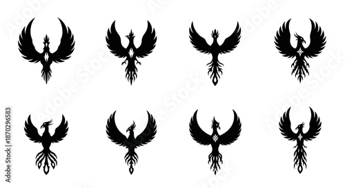 Captivating collection of eight elegant black phoenix bird logos and emblems, symbolizing rebirth, power, and renewal for modern branding and design projects.