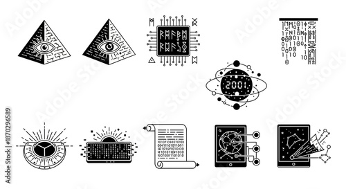 Unlocking ancient mysteries and future tech with visionary symbols, digital code, and celestial maps for modern design projects