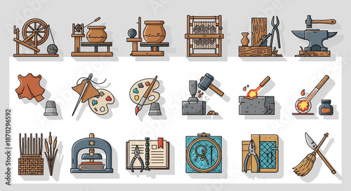 Diverse artisanal crafts and tools depicted with vibrant, clean lines showcasing traditional skills and creative processes