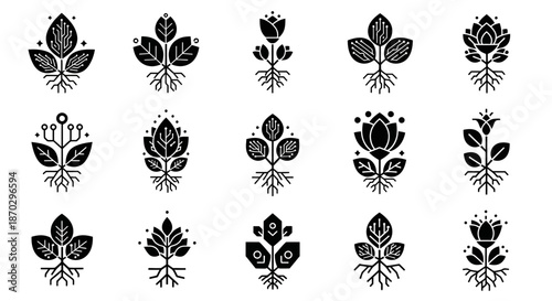 Modern botanical icons blend nature's growth with digital innovation, perfect for tech and science branding