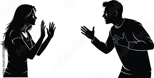Silhouette Illustration of a Couple Arguing Having a Heated Conflict Argument or Disagreement with Emotional Gestures on a White Background