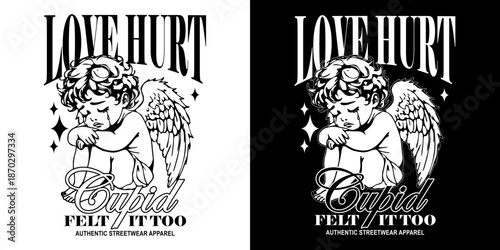 Cupid Angel graphic t-shirt with an edgy streetwear style. Modern illustration symbolizing love and heartbreak, ideal for urban fashion, youth streetwear, and print-on-demand apparel	
