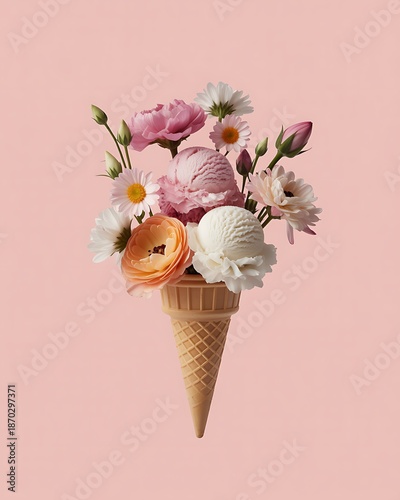  Ice cream cone with flowers on a pink background.