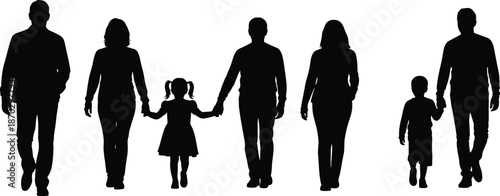 Silhouettes of a large multigenerational family with grandparents parents and children walking together holding hands isolated on a white background