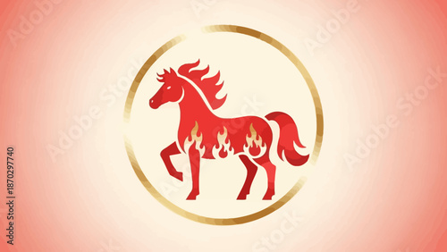 Red Horse Silhouette in Golden Circle.
