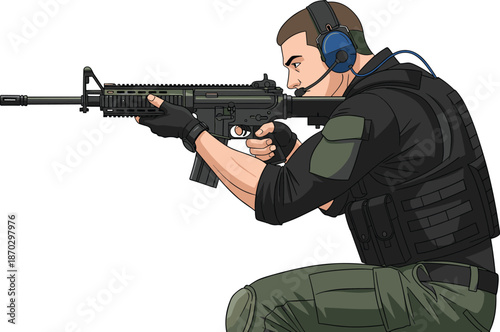 Tactical soldier in military uniform aiming assault rifle while kneeling, vector illustration of specialized police officer in combat gear.