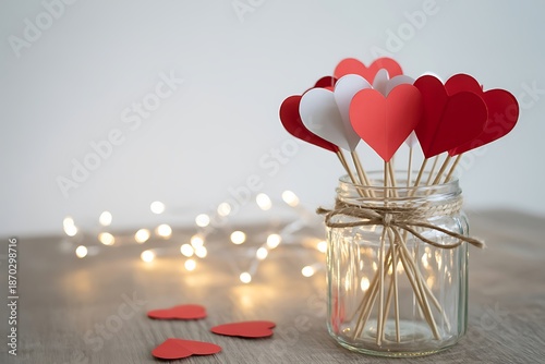  Red and white paper hearts on wooden sticks in a glass jar.