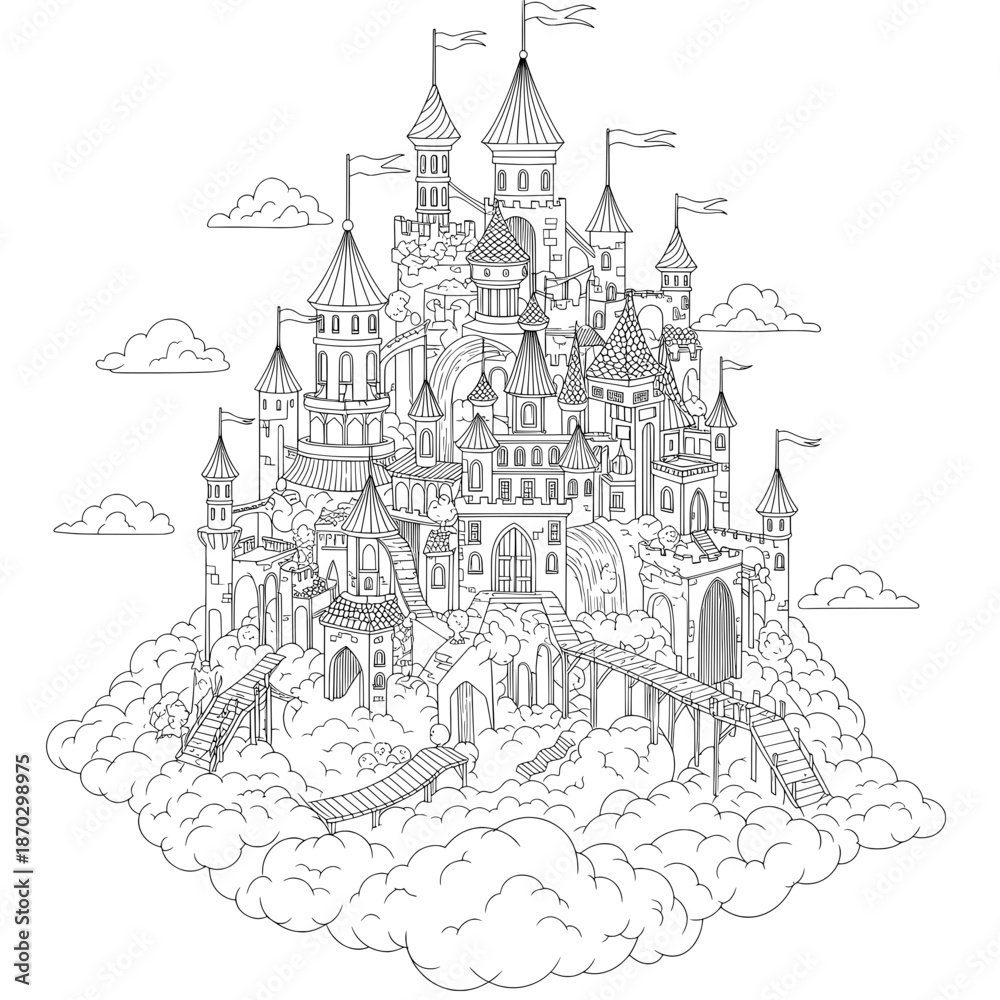 Naklejka premium Fantasy castle illustration with turrets, flags, bridges, staircases and clouds