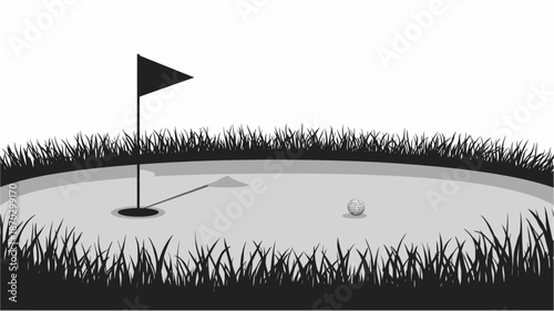 A golf ball on a putting green near the hole with a flag, surrounded by grass.