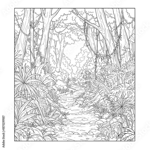 A tropical rainforest scenery with various trees and plants, creating a vibrant ecosystem