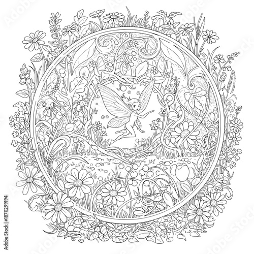 Fairy surrounded by flowers in circle frame