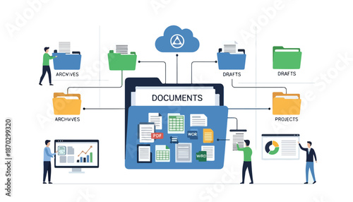 Digital document management system with cloud storage and organized folders, showing people interacting with data and archives.