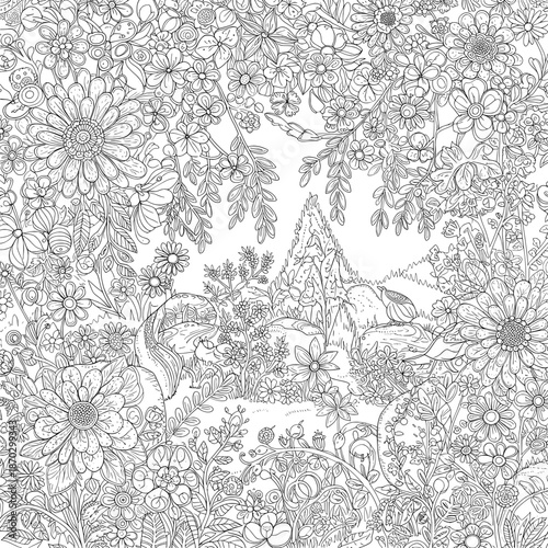 Outlined floral arrangement with trees, rocks, and bird, perfect for coloring books