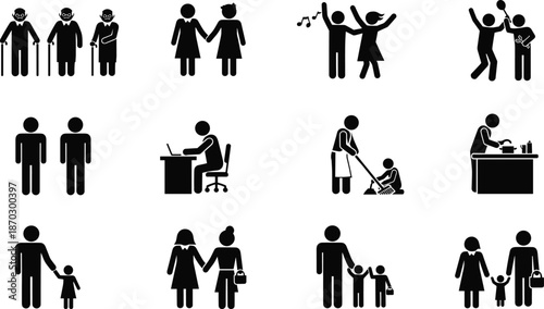 Human life stages and daily activities pictogram set showing family work leisure education aging relationships isolated on white background vector