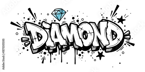 Diamond word graffiti street art style with splashing ink and stars