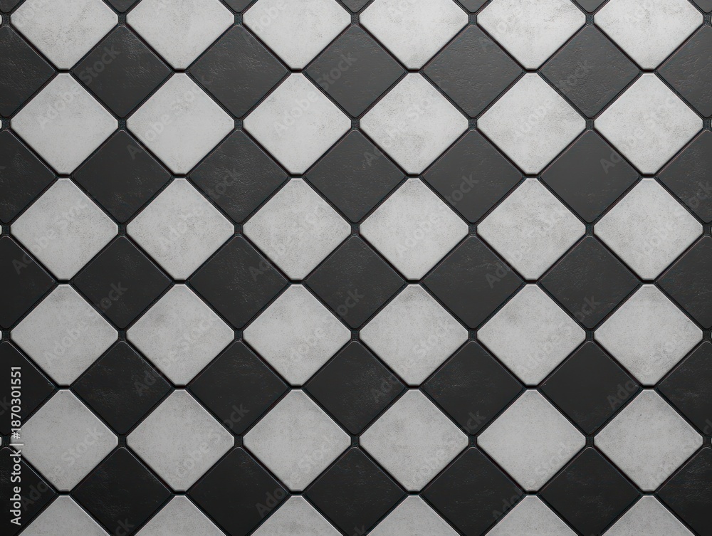 Fototapeta premium black and white diamond tile checkerboard with textured, worn surface and visible grout lines creating a symmetrical, rhythmic and minimalist retro mood