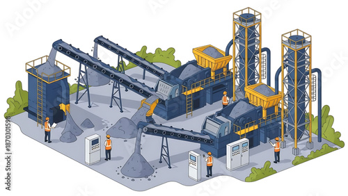 Industrial facility featuring crushing and screening machinery with conveyor belts and storage silos