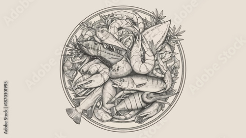 Detailed line art illustration of a variety of fresh seafood, including fish and shrimp, arranged on a round plate.