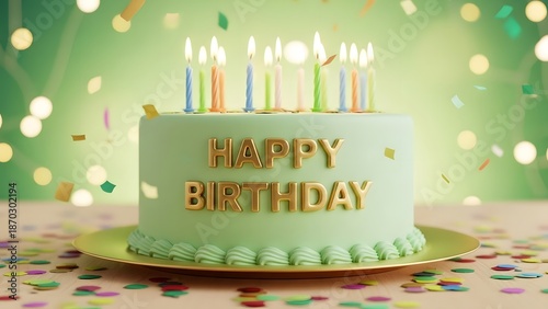 A delicious green birthday cake with candles and confetti on a table
