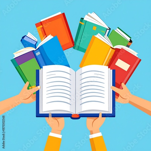 Cartoon illustration featuring books of varied colors in outstretched hands