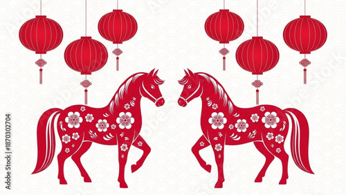 Chinese New Year Lunar New Year Year of the Horse Two Decorative Red Horses with Chinese Lanterns and Floral Motifs for Chinese New Year Celebrations