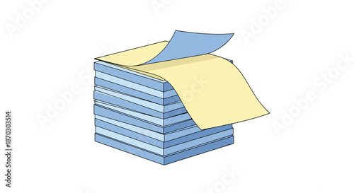 Simple illustration of a stack of blue and yellow paper or sticky notes, with the top two sheets peeling upwards slightly.