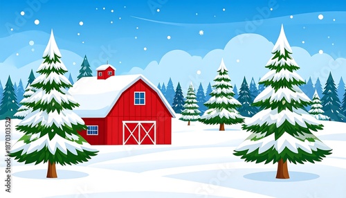 Cartoon winter scene of a red barn, snowy trees, and falling snow