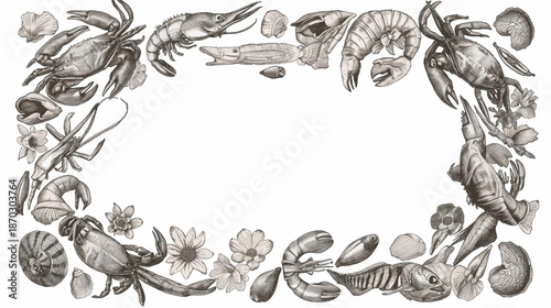 Detailed vintage illustration frame of various seafood, crustaceans, fish, and aquatic plants arranged as a decorative border.