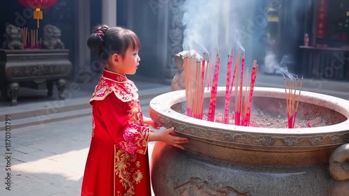 Young girl in traditional Chinese attire, near incense burner with smoke rising