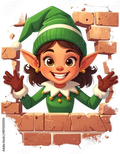 Cheerful cartoon elf peeking through a brick wall, excited