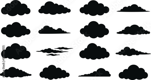 Black cloud silhouettes vector collection, weather sky icon set, various cloud shapes isolated on white background minimal illustration design