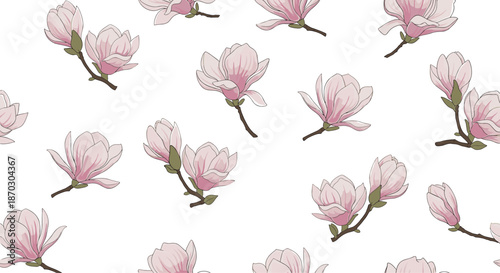 Elegant seamless floral pattern with beautiful pink magnolia flowers and buds scattered across a clean and simple white background.