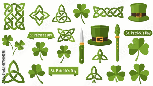 Collection of green St. Patrick's Day elements including shamrocks, hats, and Celtic designs on a white background