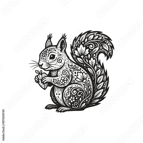 Ornamental squirrel illustration with intricate floral patterns and mandala details, decorative woodland animal holding a nut vector isolated on white background.