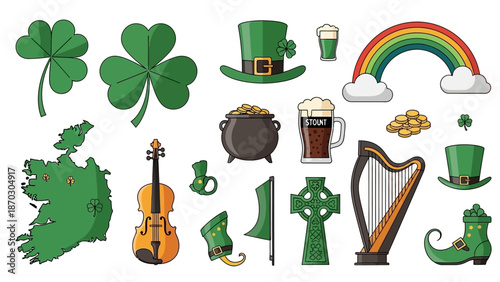 Vibrant Irish icons and symbols celebrating St. Patrick's Day with shamrocks, leprechaun hats, and rainbow colors