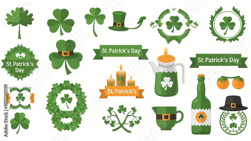 St. Patrick's Day illustrations featuring shamrocks, leprechaun hats, and festive decorations