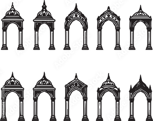 Set of Ornate Islamic Archways in Silhouette architectural element