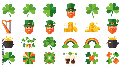 Collection of St. Patrick's Day themed illustrations featuring leprechauns, shamrocks, and gold coins on a white background