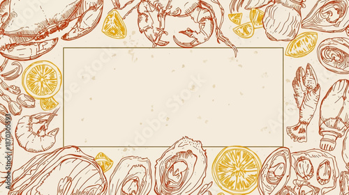 A vintage hand-drawn seafood frame with crabs, shrimp, oysters, and lemons, perfect for a menu or restaurant background.