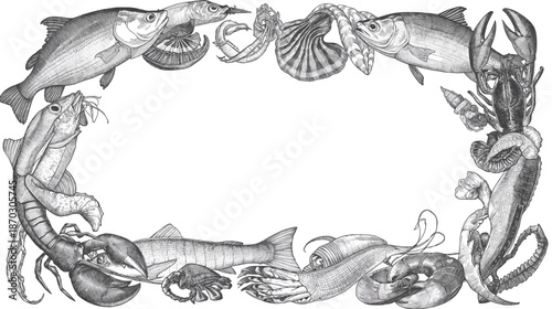 Detailed black and white drawing of a rectangular frame made of various sea creatures and marine life.