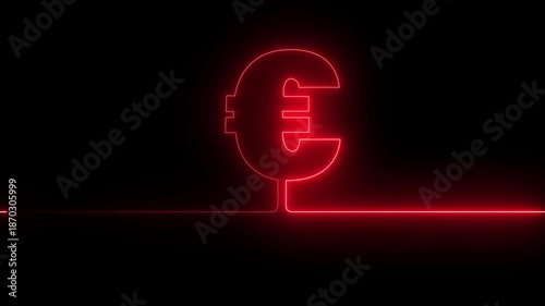 Neon Euro Currency Symbol on Black Background, Glowing Fluorescent Money Icon with Continuous Line Motion, Minimalist Financial Loop Animation.