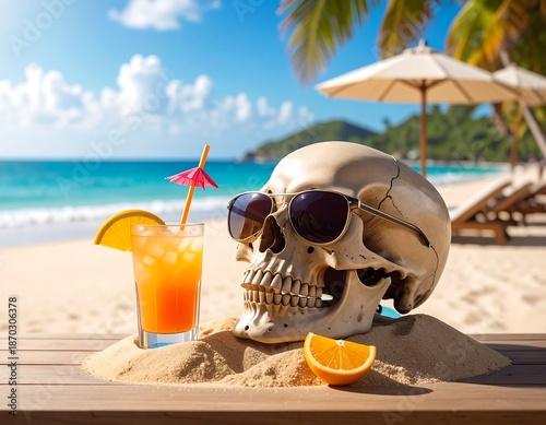 Humorous beach scene with skull wearing sunglasses and a cocktail with ocean backdrop