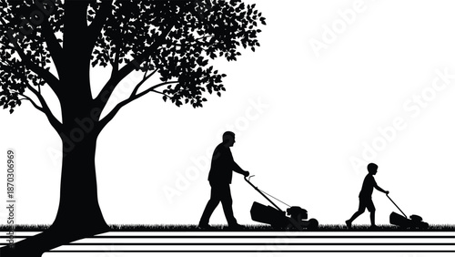 Father and child silhouette mowing lawn together, outdoor family activity, gardening concept, teamwork, summer yard work, vector illustration art design