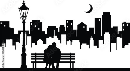 Romantic couple silhouette sitting on park bench, city skyline at night, moon, street lamp, urban love scene, vector illustration art