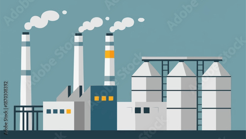 Industrial factory with smoke stacks and silos illustration.