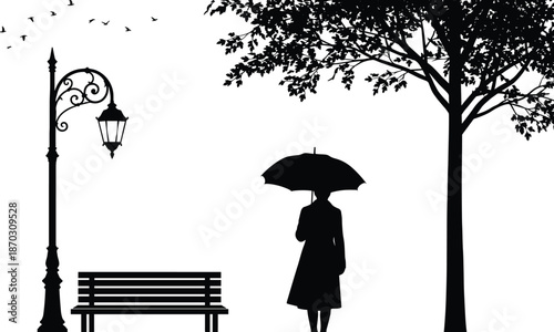 Woman silhouette with umbrella standing in park, rainy evening mood, street lamp, bench, tree, birds, peaceful nature, vector illustration