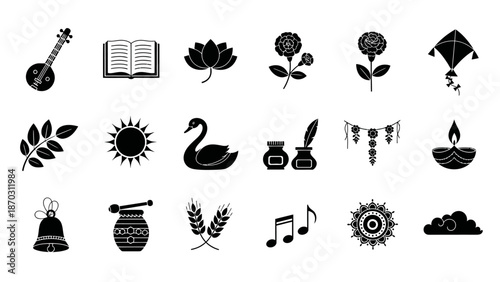 A collection of black and white icons representing various cultural and traditional symbols, including musical instruments, religious items, and natural elements.