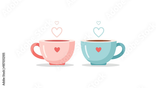 Cute pastel coffee cups with heart design on white background