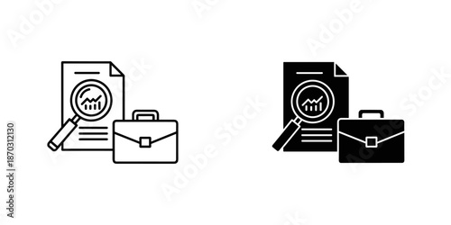 Black and white of documents with magnifying glasses and briefcases